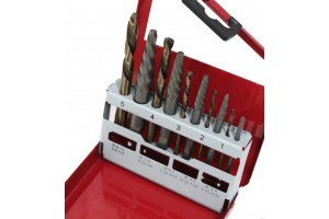 LEFT HAND 10 PC STEEL SCREW EXTRACTOR DRILL BITS W/ METAL BOX